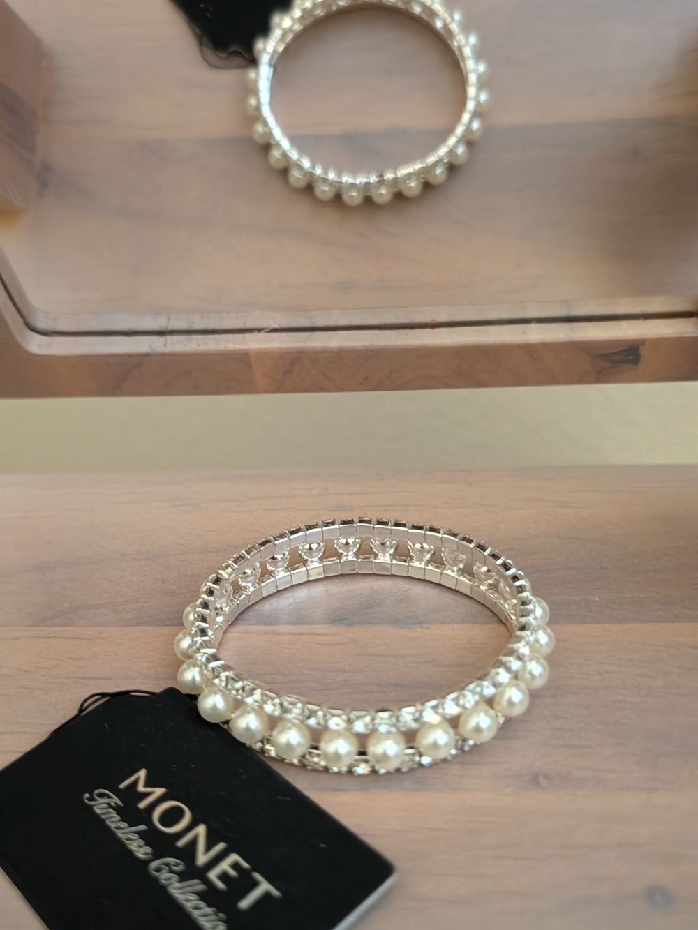 Monet Silver-Tone Stretch Bracelet with Cream Pearls and Clear Crystals